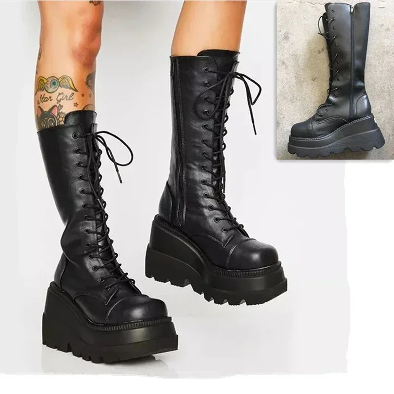 Guipure Lace Panel - Botas de plataforma Punk para mujer,